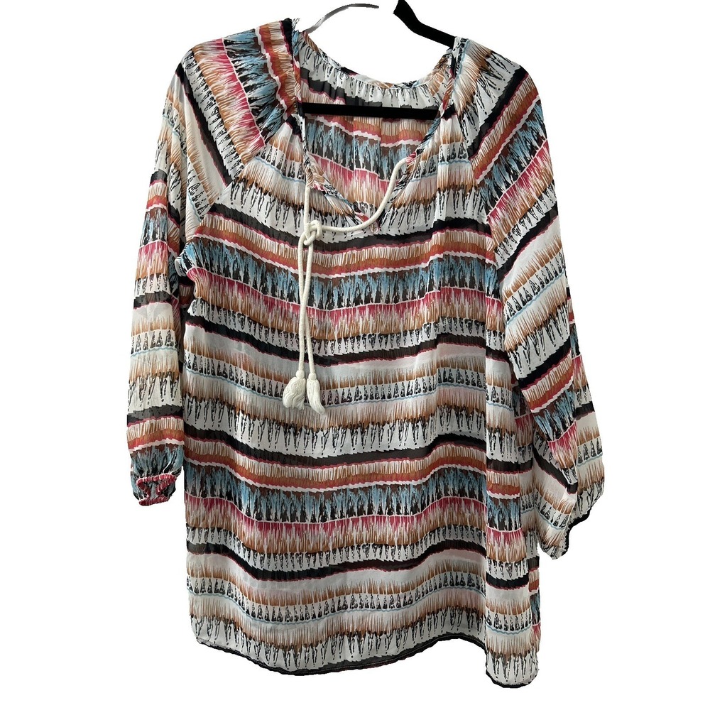 Sandra Ingrish Tribal Stripe Chiffon Size L Multicolor Tassel Tie Boho Festival